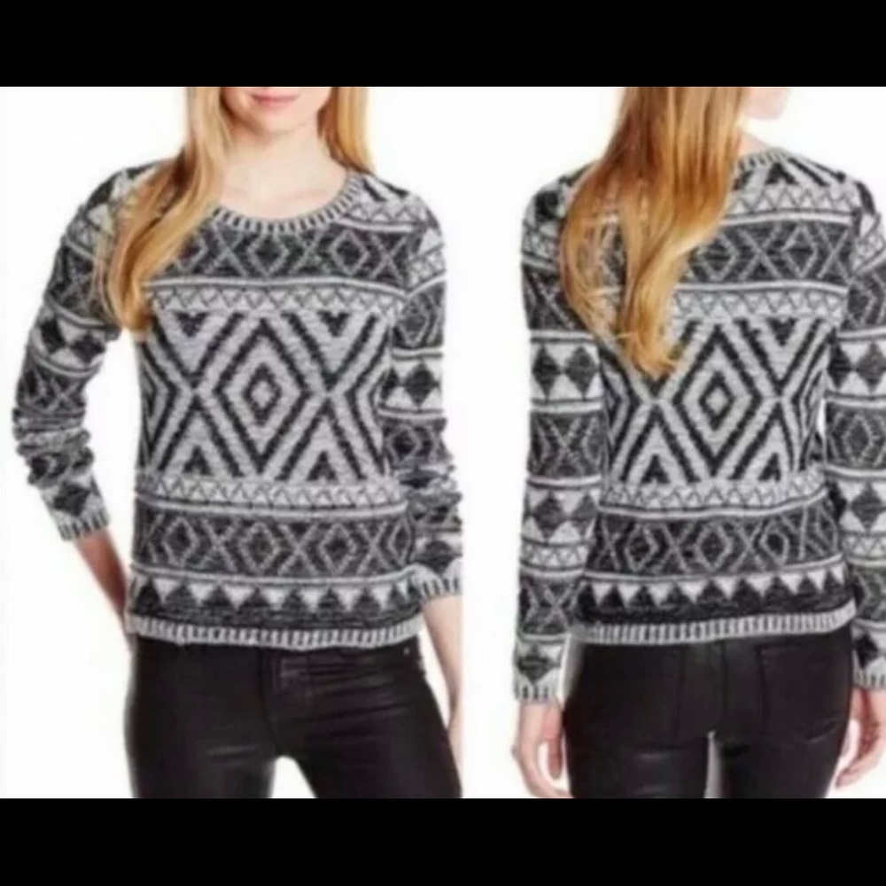 LUCKY BRAND‎ Women's Sweater Small Black White Jacquard Geometric Pullover EUC